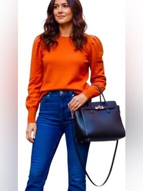 Lauren Ralph Lauren Cotton Blend Puff Sleeve Crew Neck Sweater Orange Medium